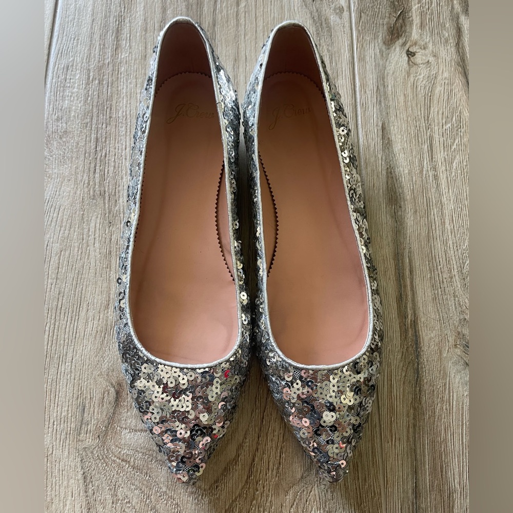 J. Crew Silver Sequins Pointed Toe Flats Size 9